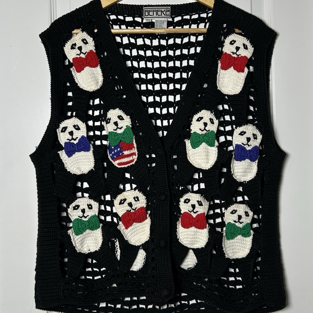 Berek 2 Vintage 90s 100% Comb Cotton Black Open Knit Crochet Panda Sweater Vest